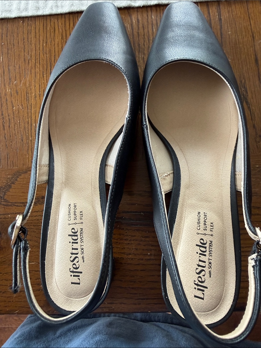Life Stride Black Slingback Square-Toe kitten heel with Buckle Accent